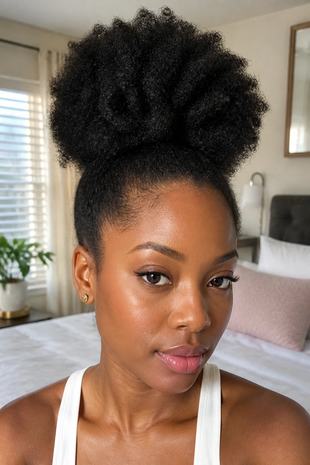 Real woman with high puff hairstyle in bright bedroom