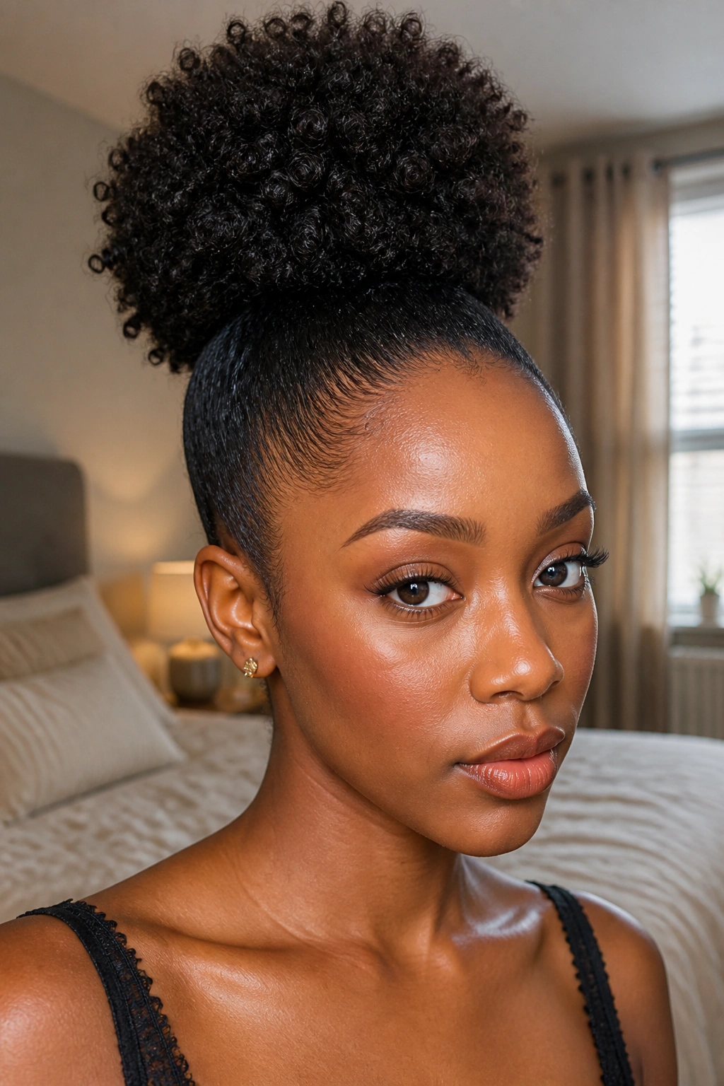 Close-up of a real woman with a sleek high puff hairstyle, natural window light in a bedroom setting.