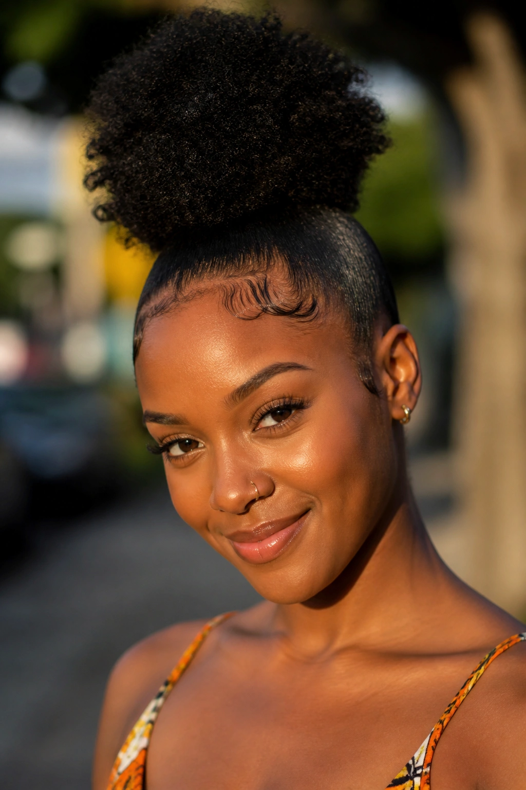 Close-up of a Black woman with a high puff and laid edges.