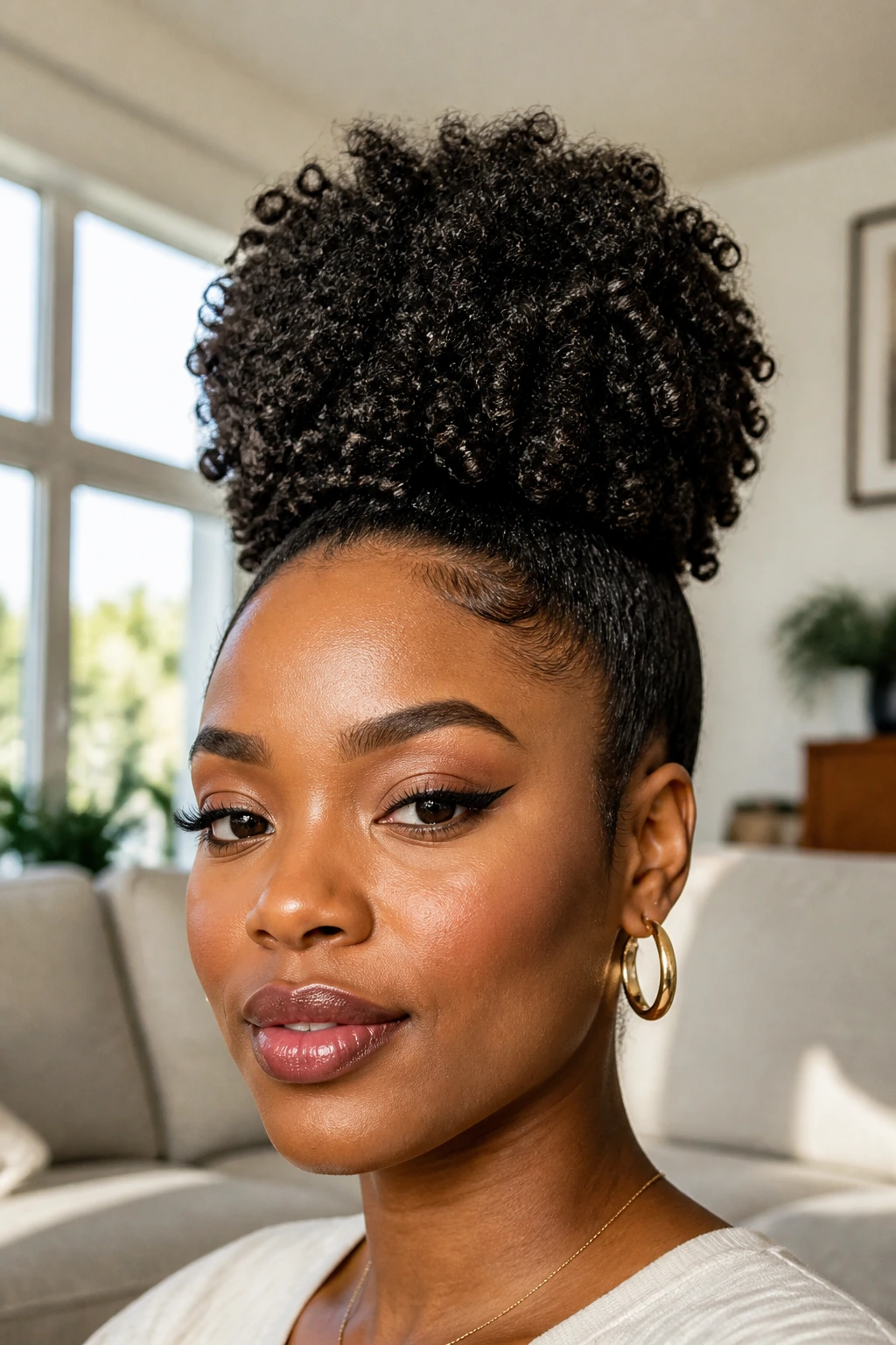 Close-up of a real woman with a voluminous high puff hairstyle