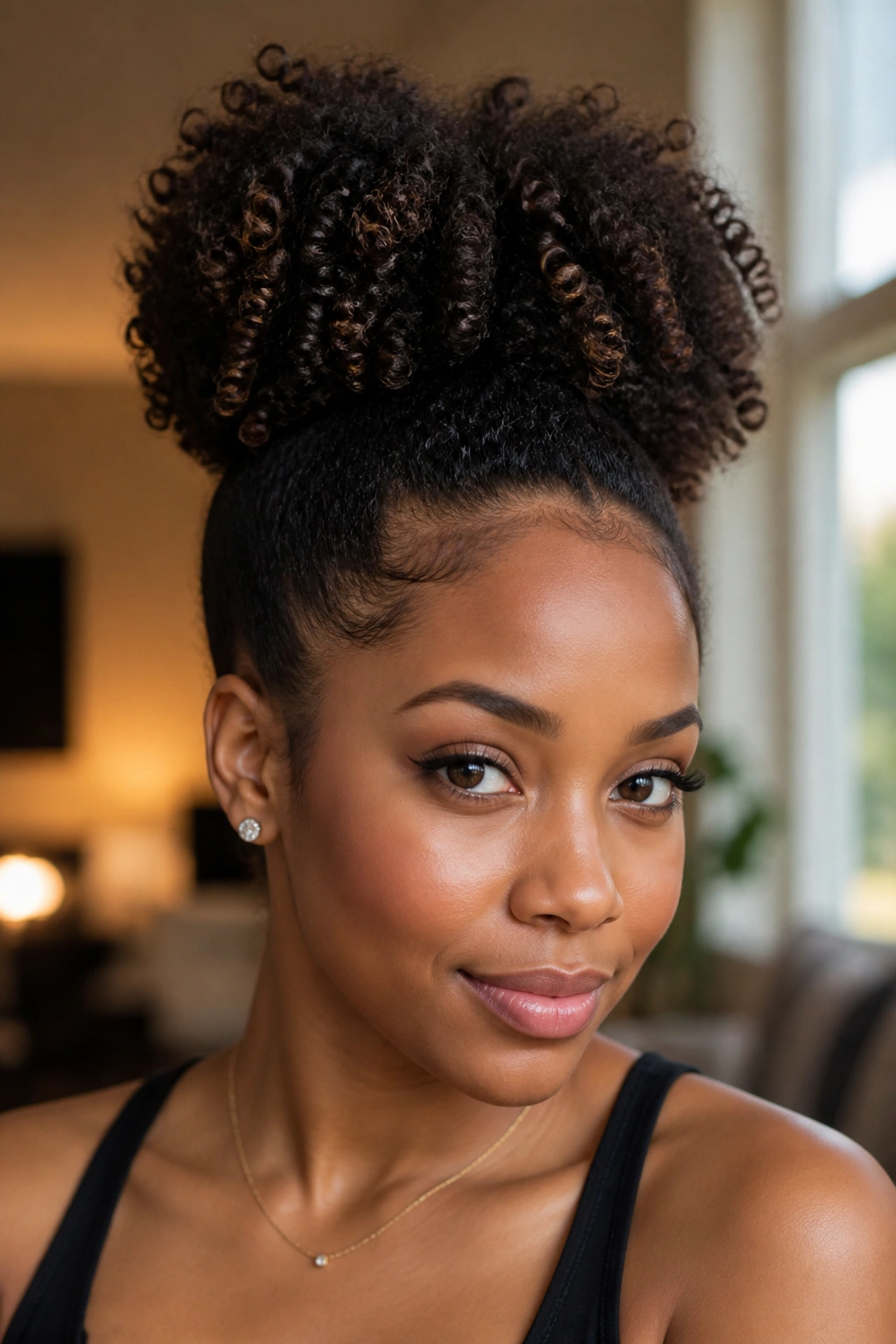 Close-up portrait of a real person with a high puff showing lifted natural texture