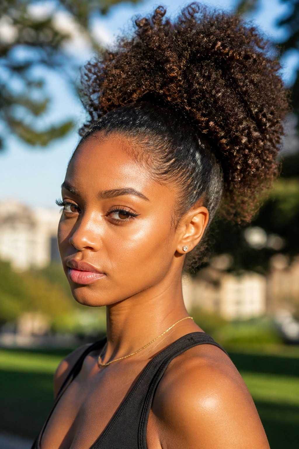 Close-up of a real woman with a high puff ponytail in sunny outdoor setting