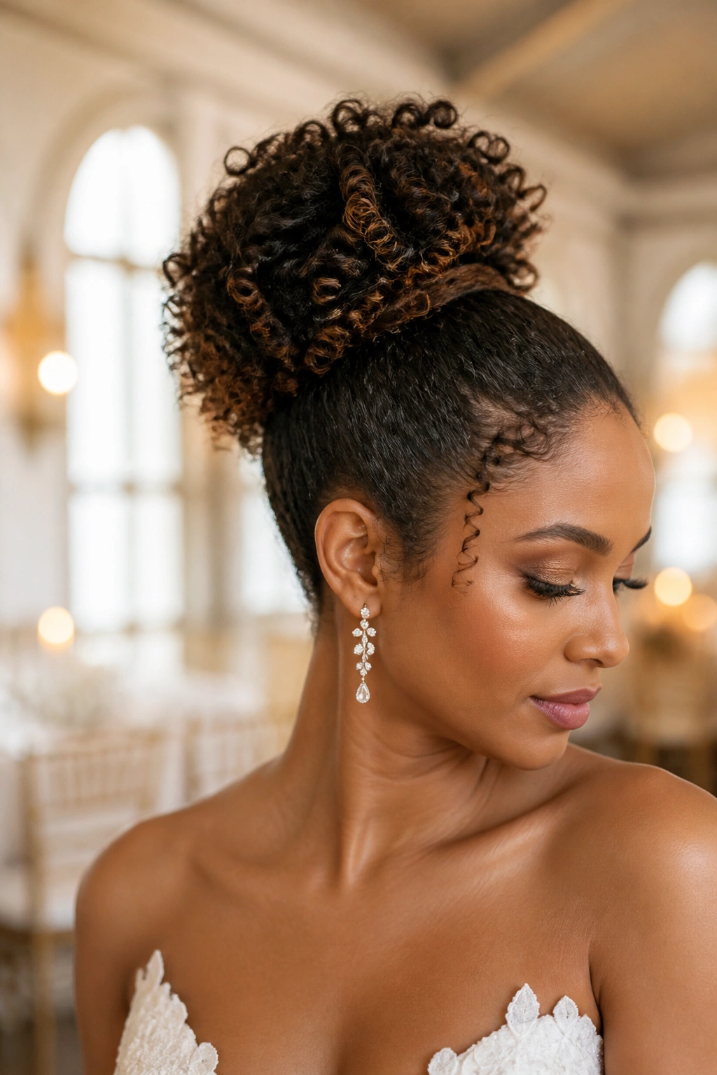 Close-up of a real bride with a curly high puff ponytail wrapped at the base