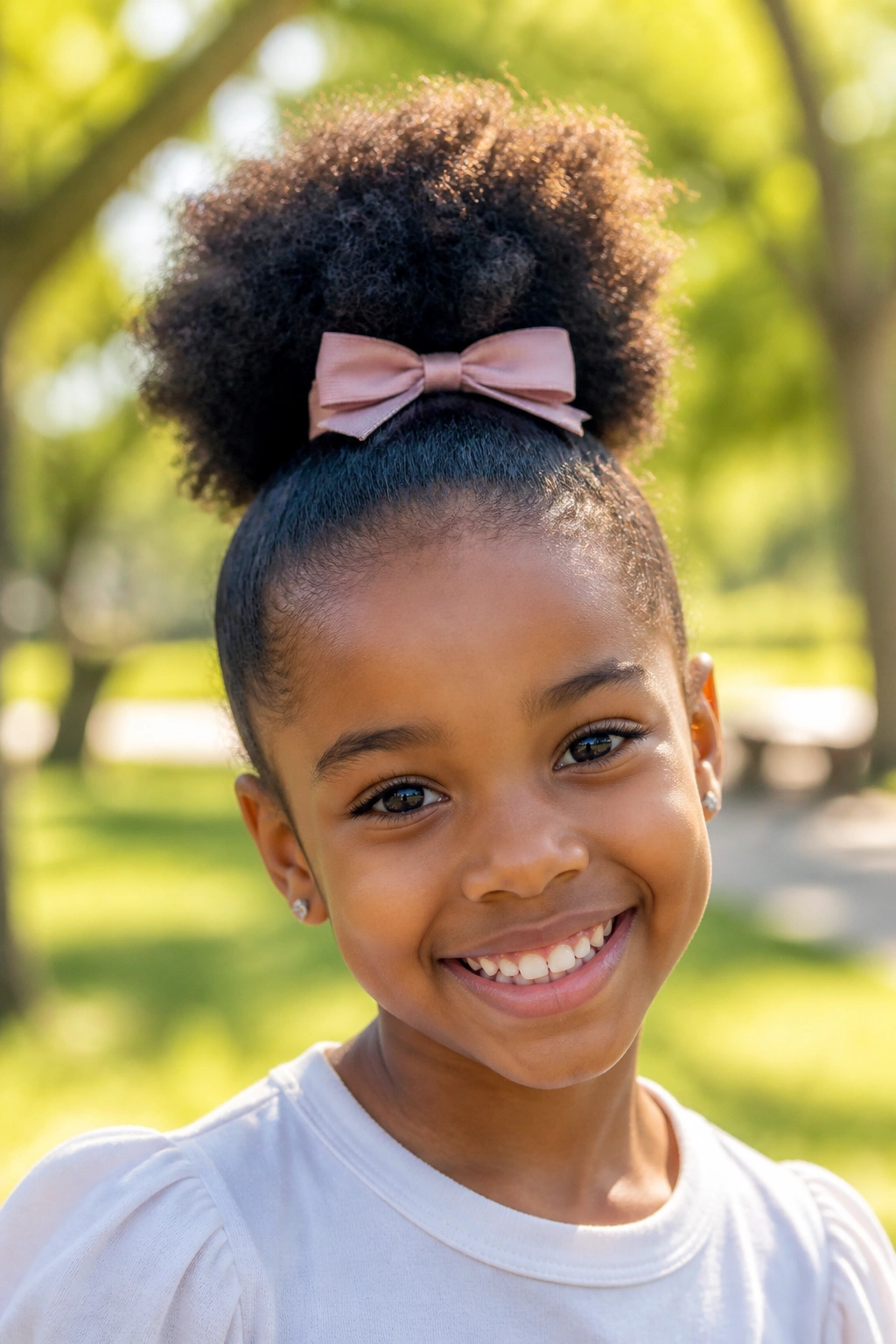 Close-up of a girl with a high puff and ribbon bow