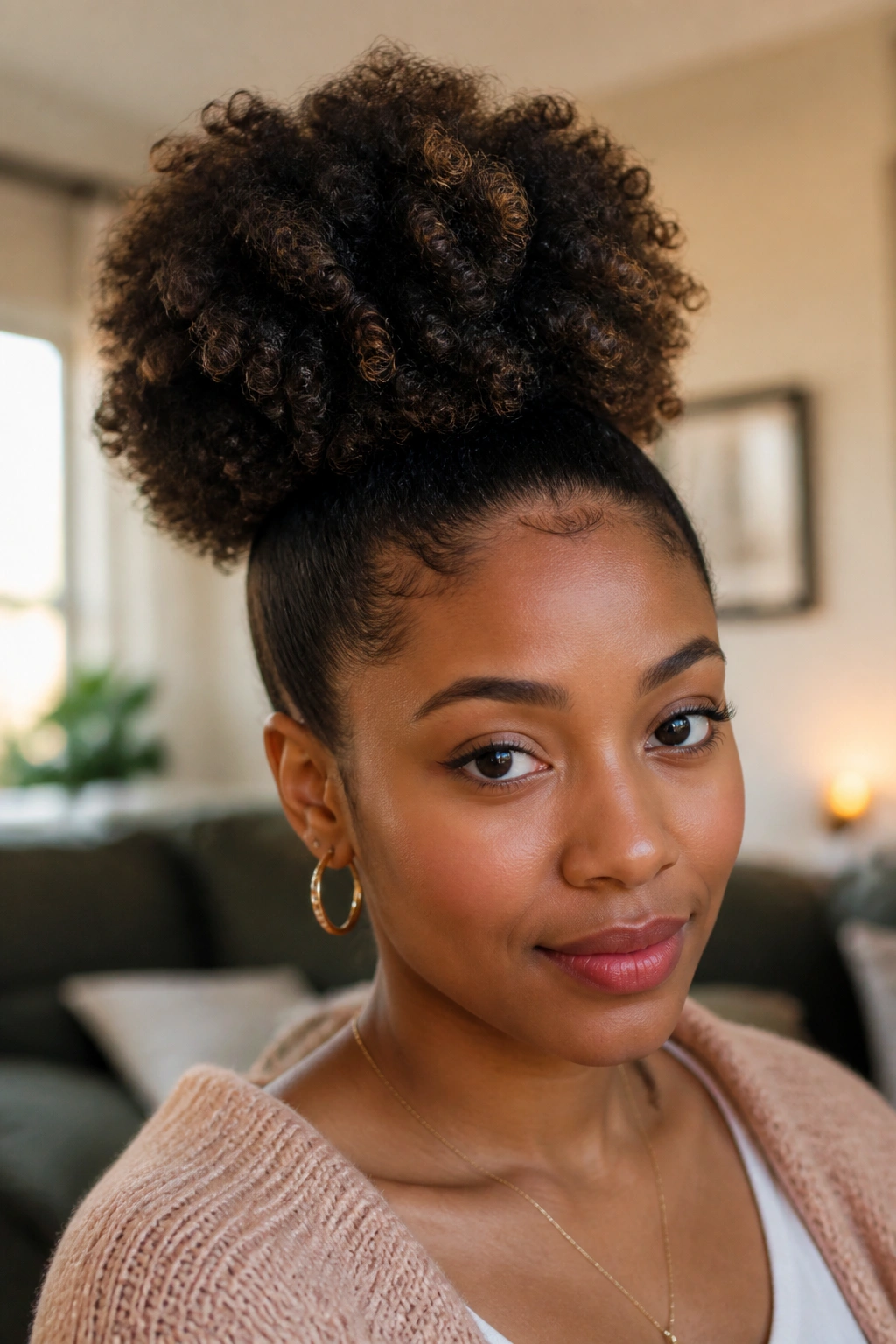 Close-up of a real person with a high puff hairstyle under natural light