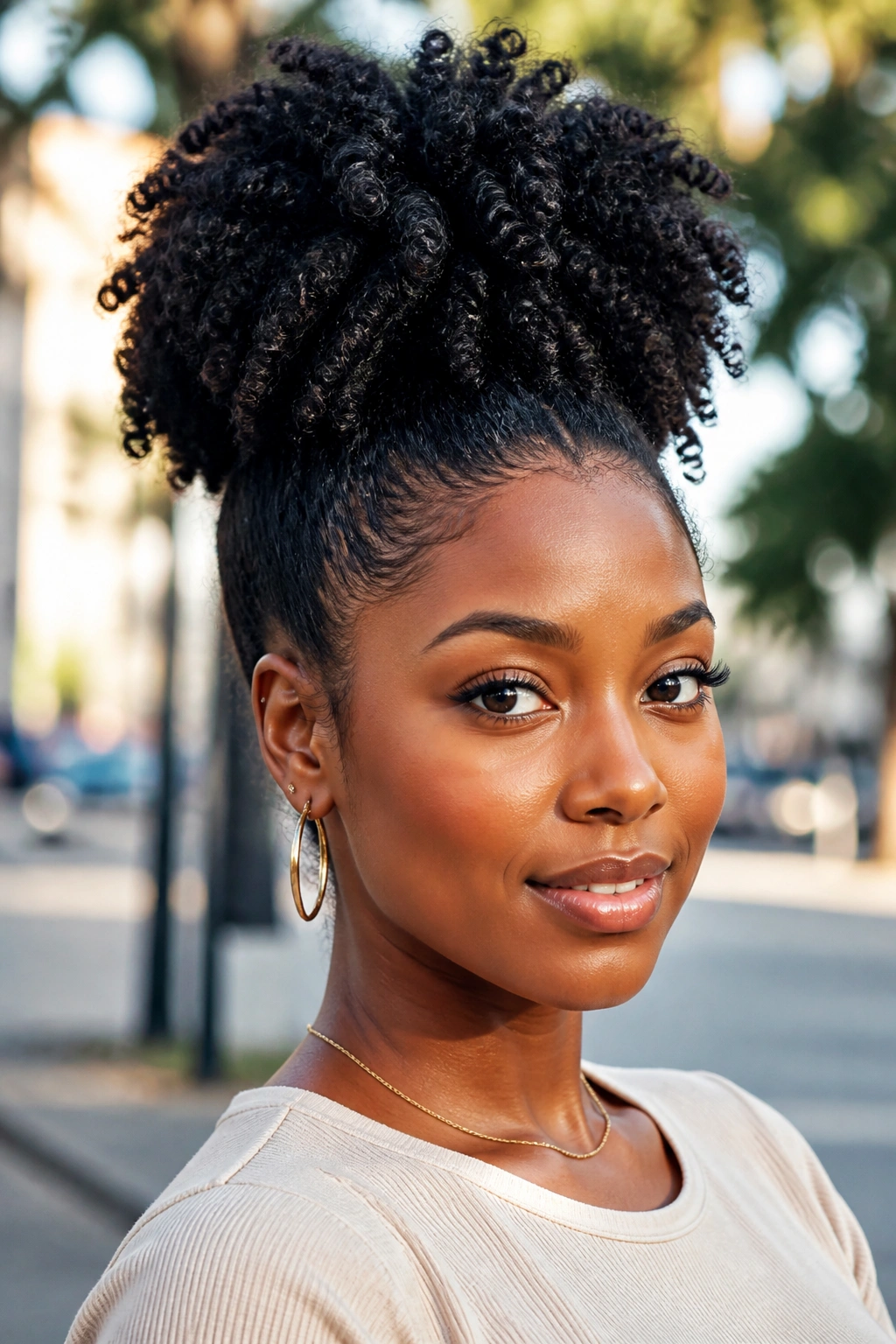 Close-up of a high puff twist-out hairstyle on a real person