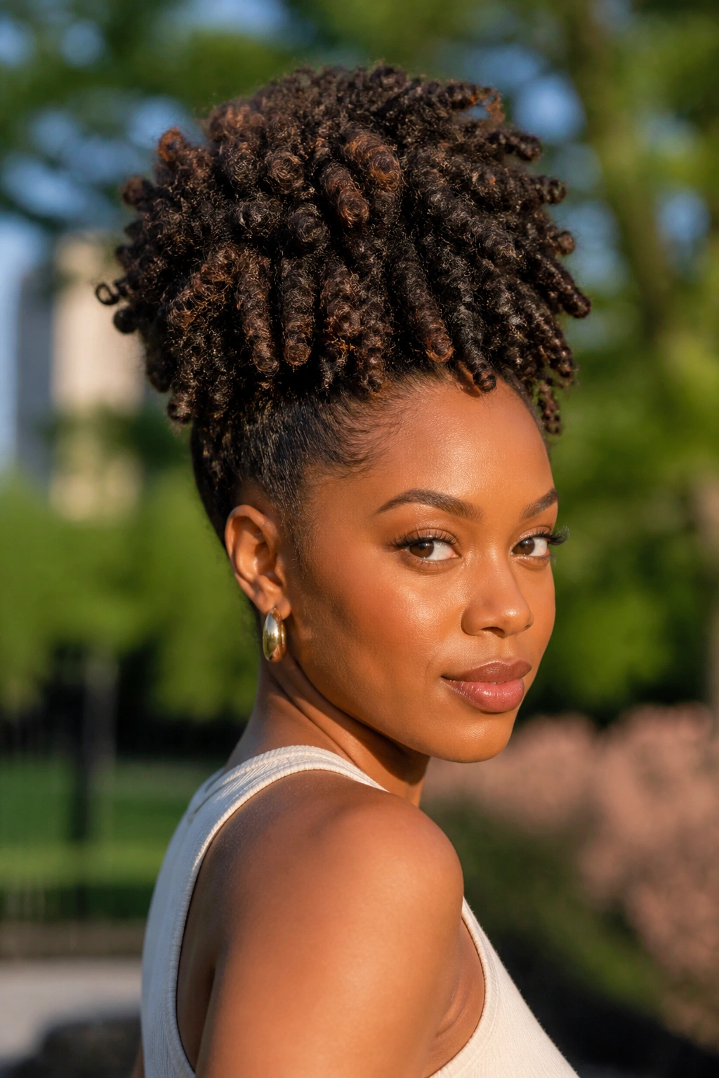 Portrait of a real person with a high puff twist-out in a sunlit park.