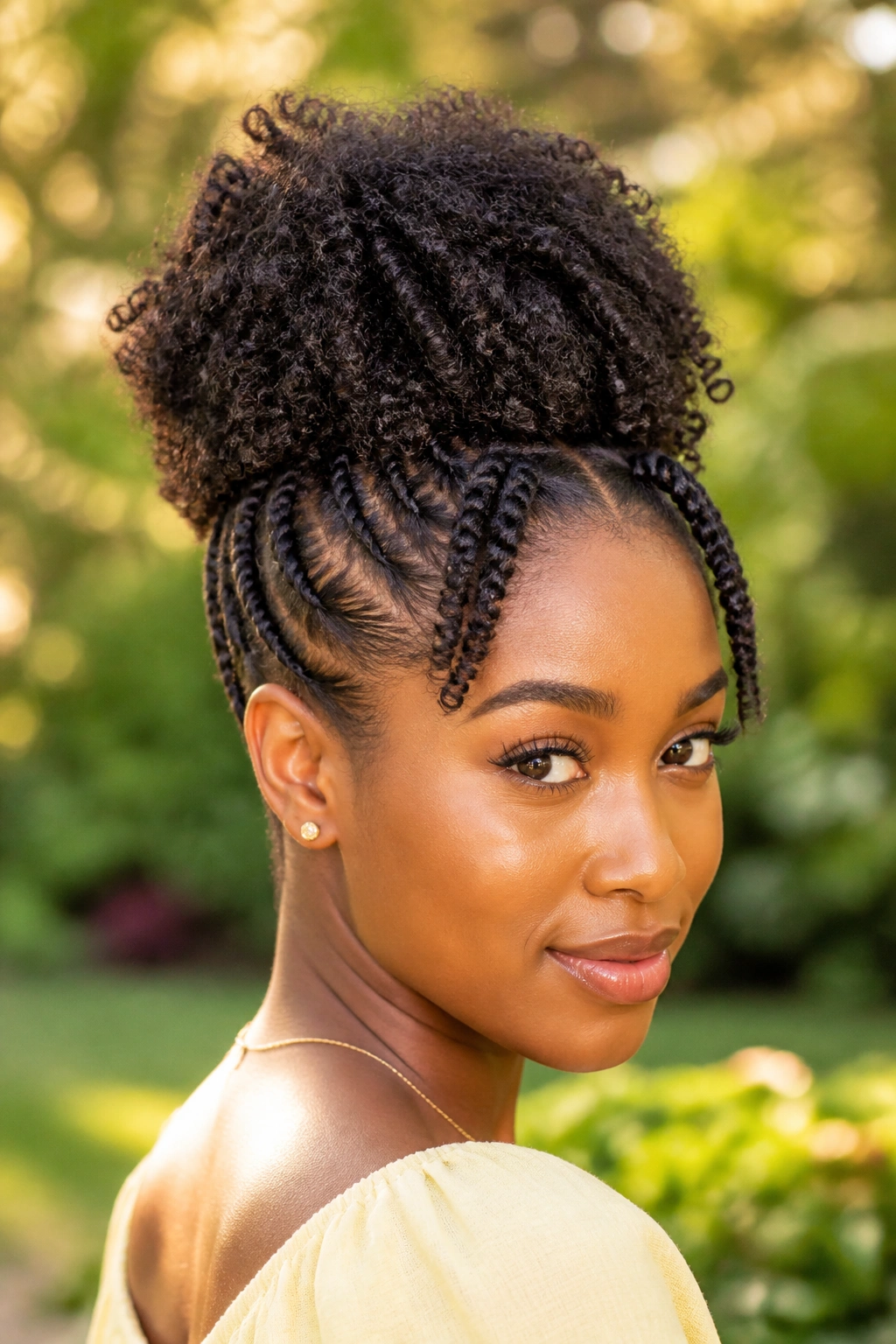 Three-quarter portrait of a real Black woman with a high puff and twisted base