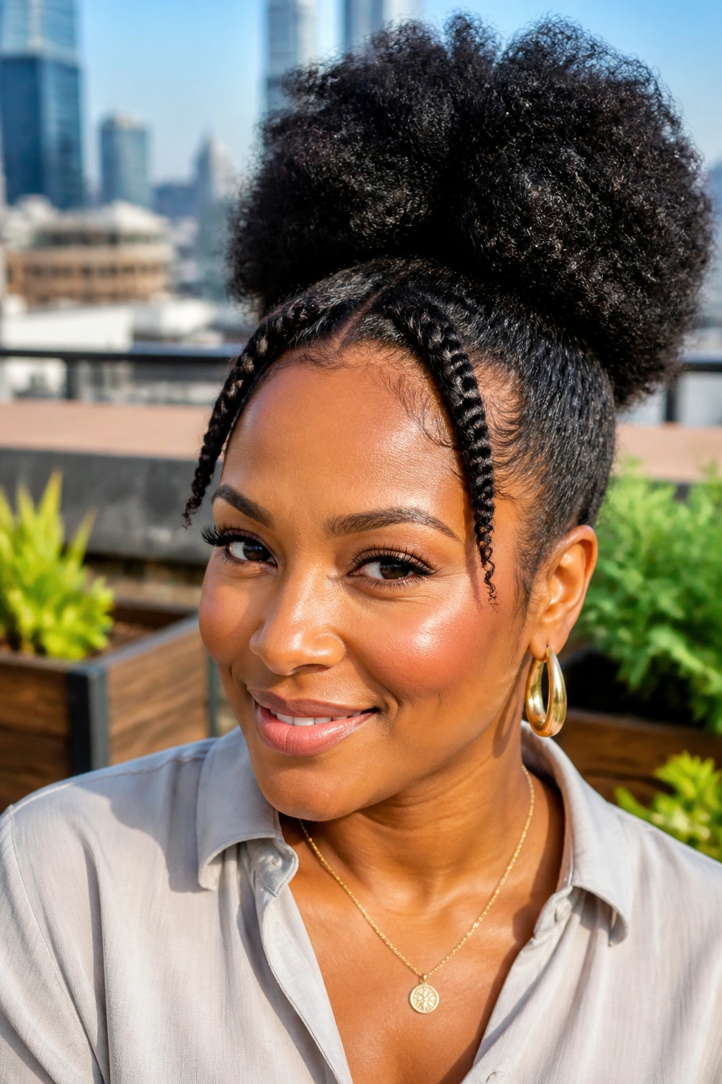 Real woman with high puff and front twists