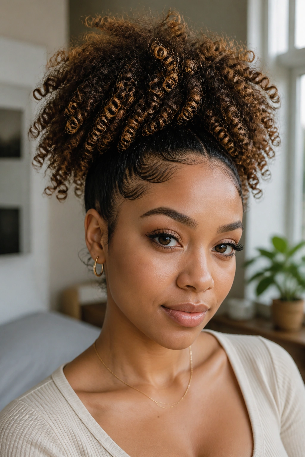 Head-and-shoulders portrait of a real person with a high-root puff and defined ends.