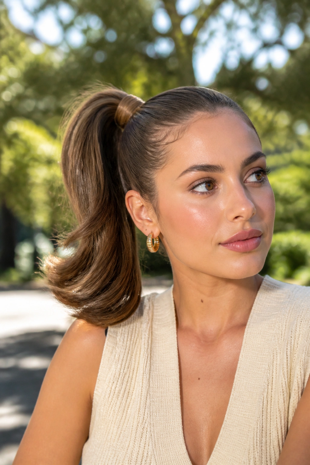 Close-up of a real woman with a high side ponytail and outward flipped ends in bright daylight