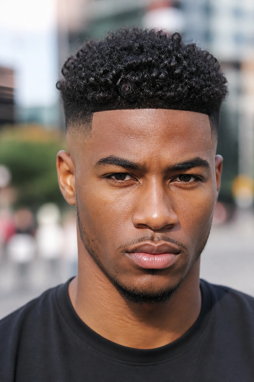 Close-up of a man with a high skin fade and tight coils outdoors