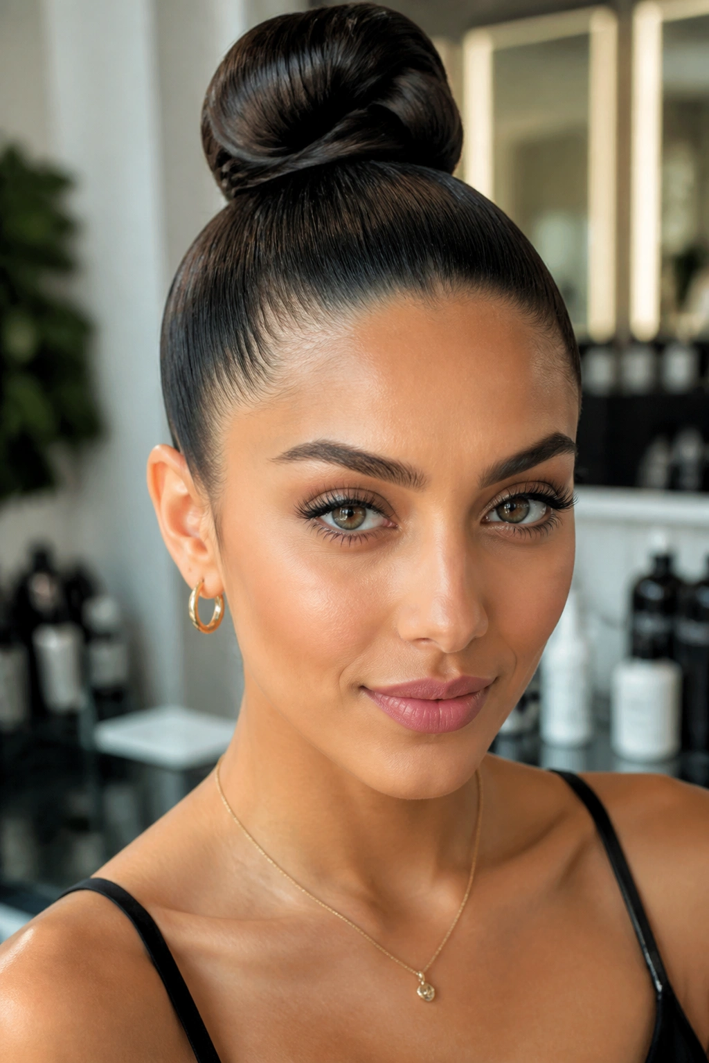 Close-up portrait of a woman with a high sleek bun at the crown