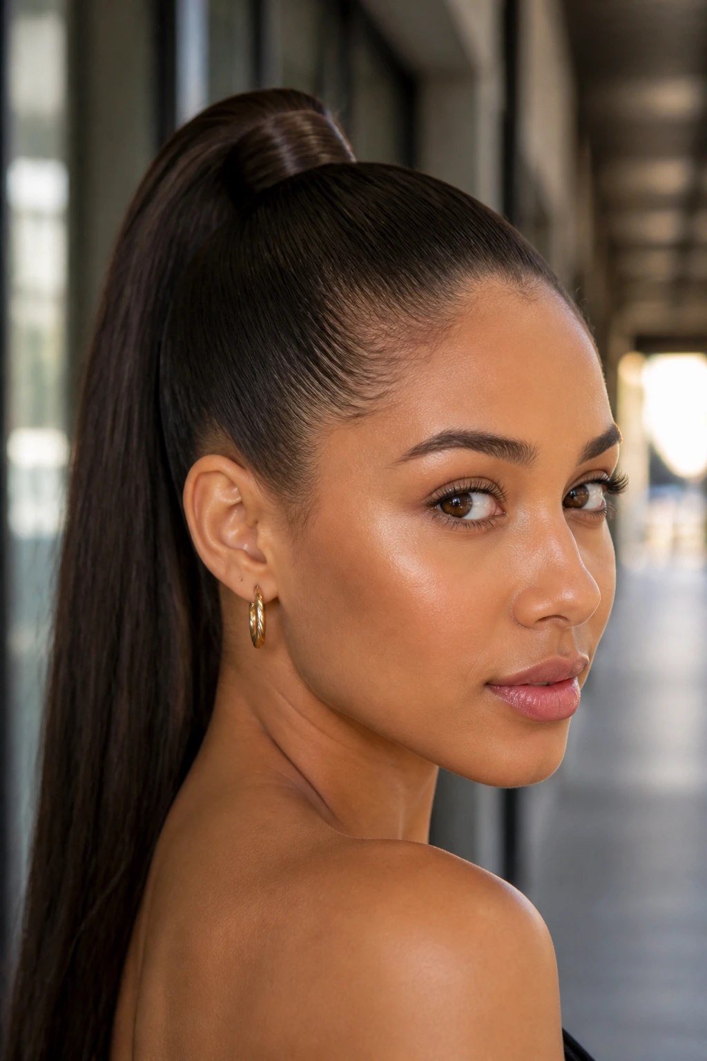 Portrait of a real woman with a high sleek ponytail and wrapped base