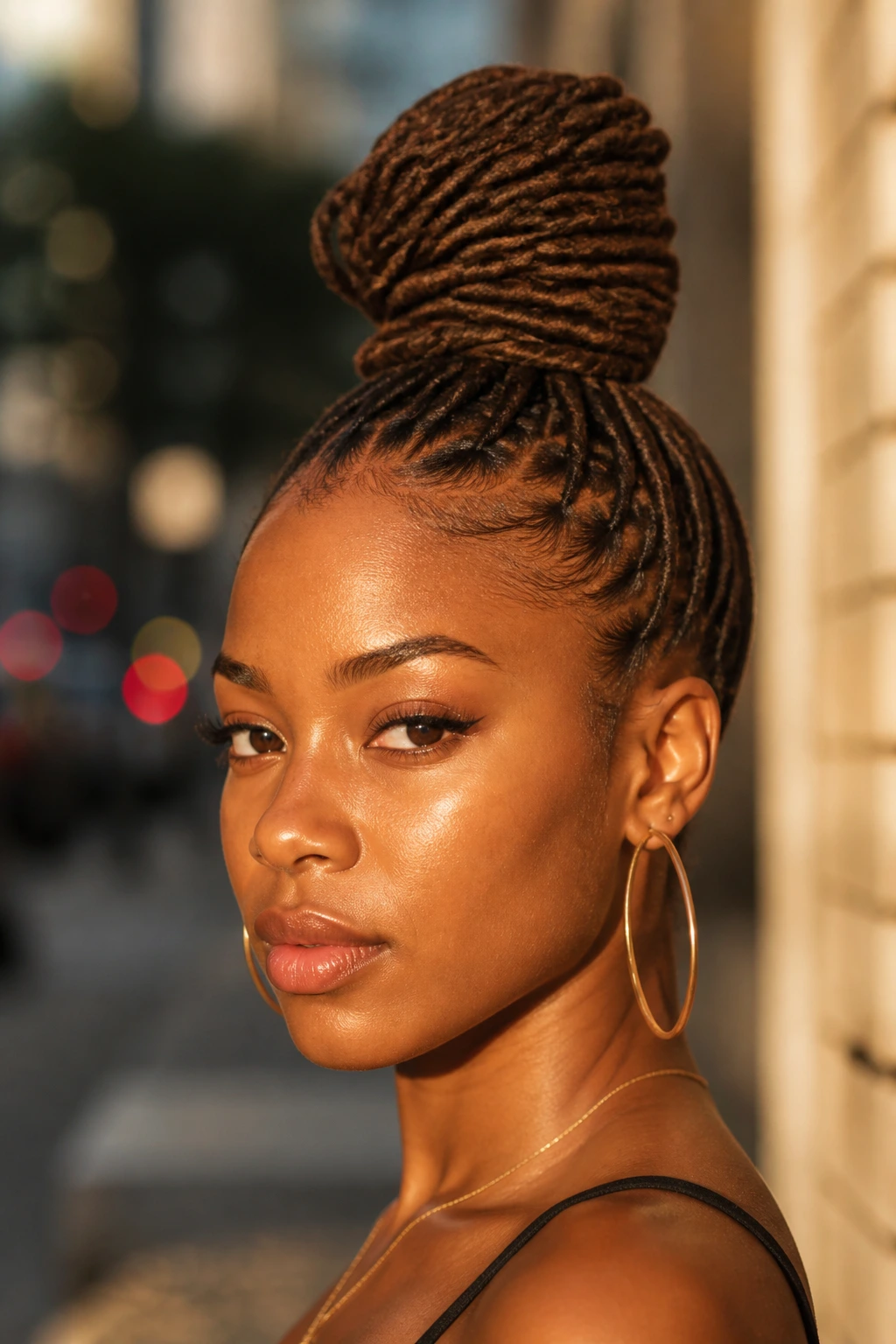 Close-up of a woman with a high top knot loc hairstyle against an urban background