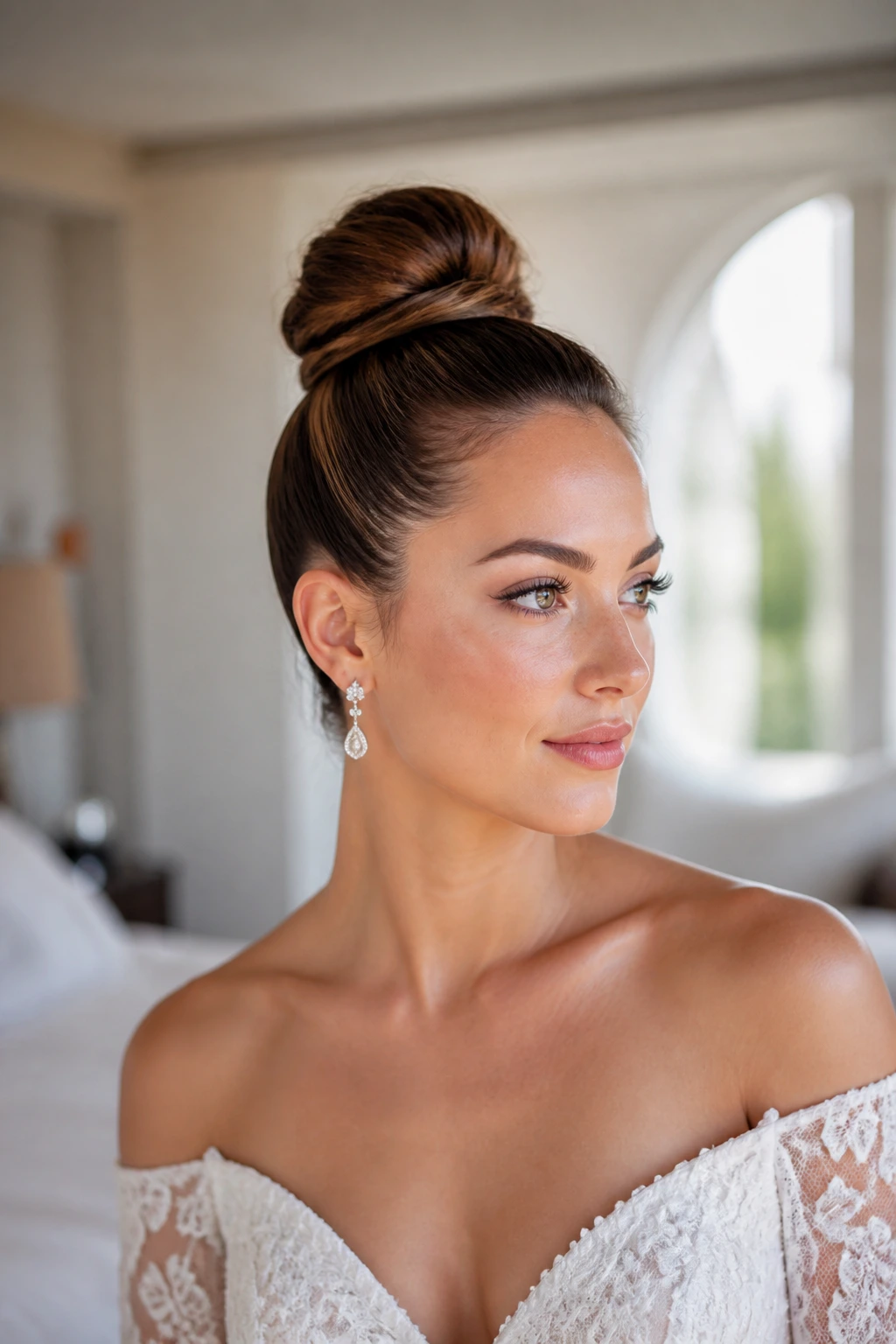 Close-up of a real bride with a sleek high top knot at the crown