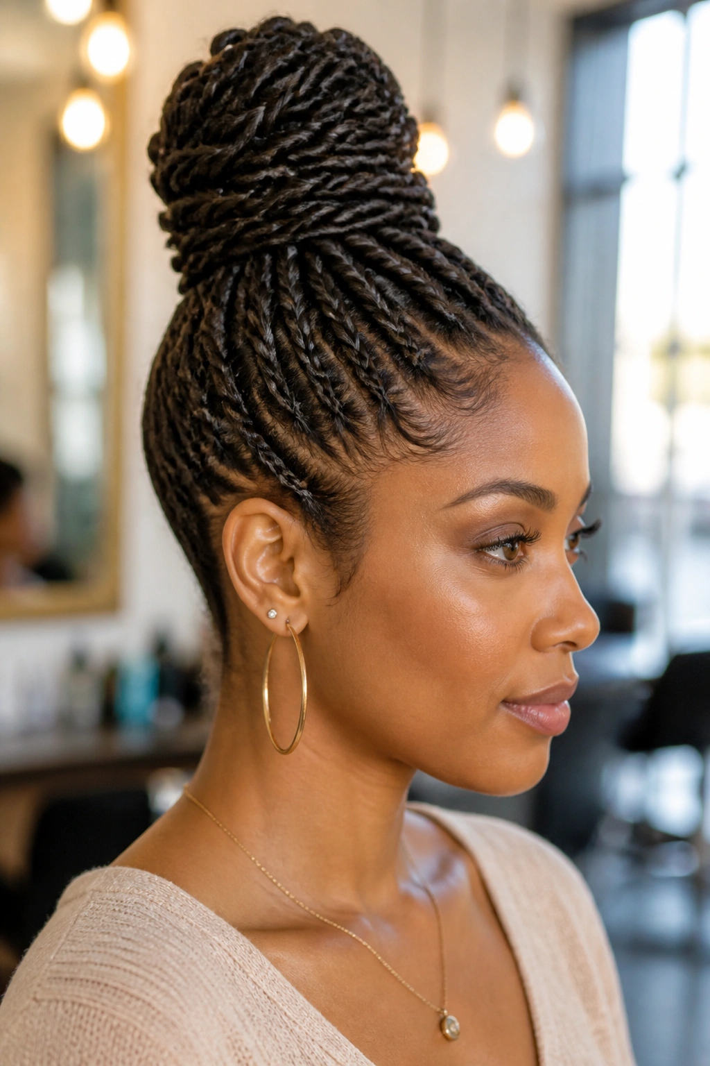 Close-up of a woman with a high twist bun at the crown in warm salon light