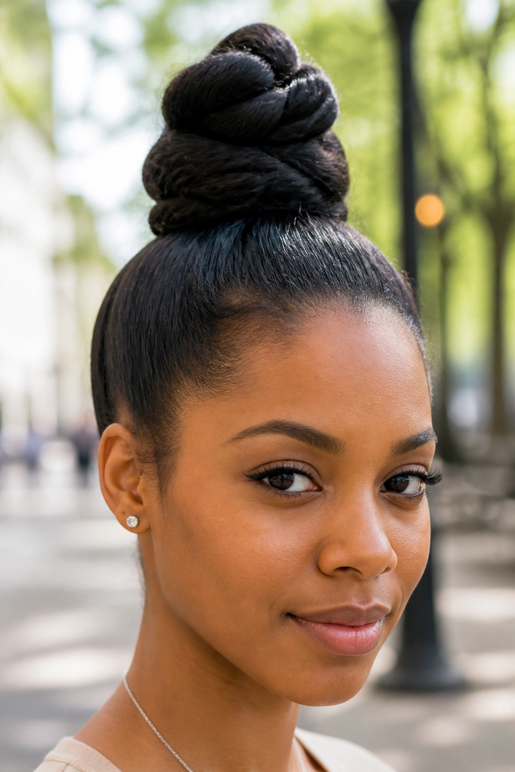 Close-up of a real woman wearing a high twist top knot above the crown.