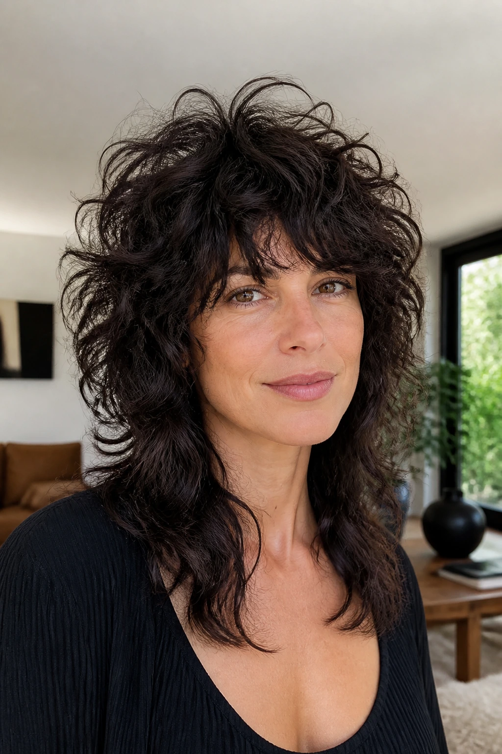 Close-up of a real woman with high-volume crown shag hairstyle under bright daylight.