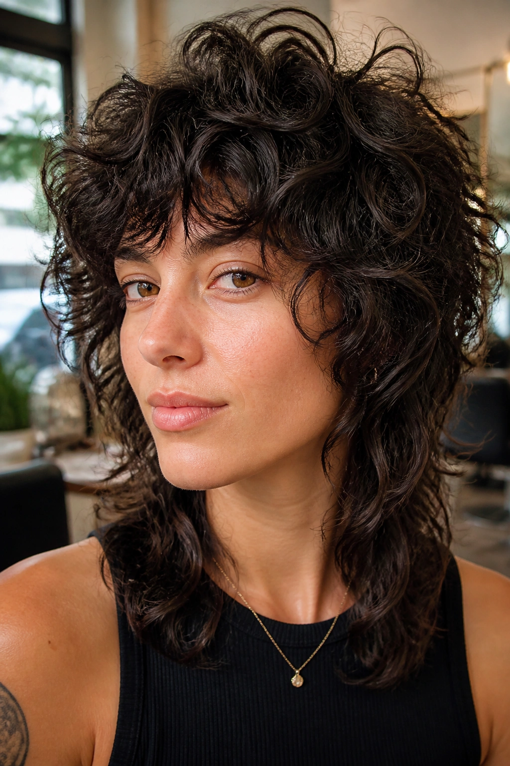 Close-up portrait of a real person with a high-volume crown shag wolf cut, showcasing lift at the crown