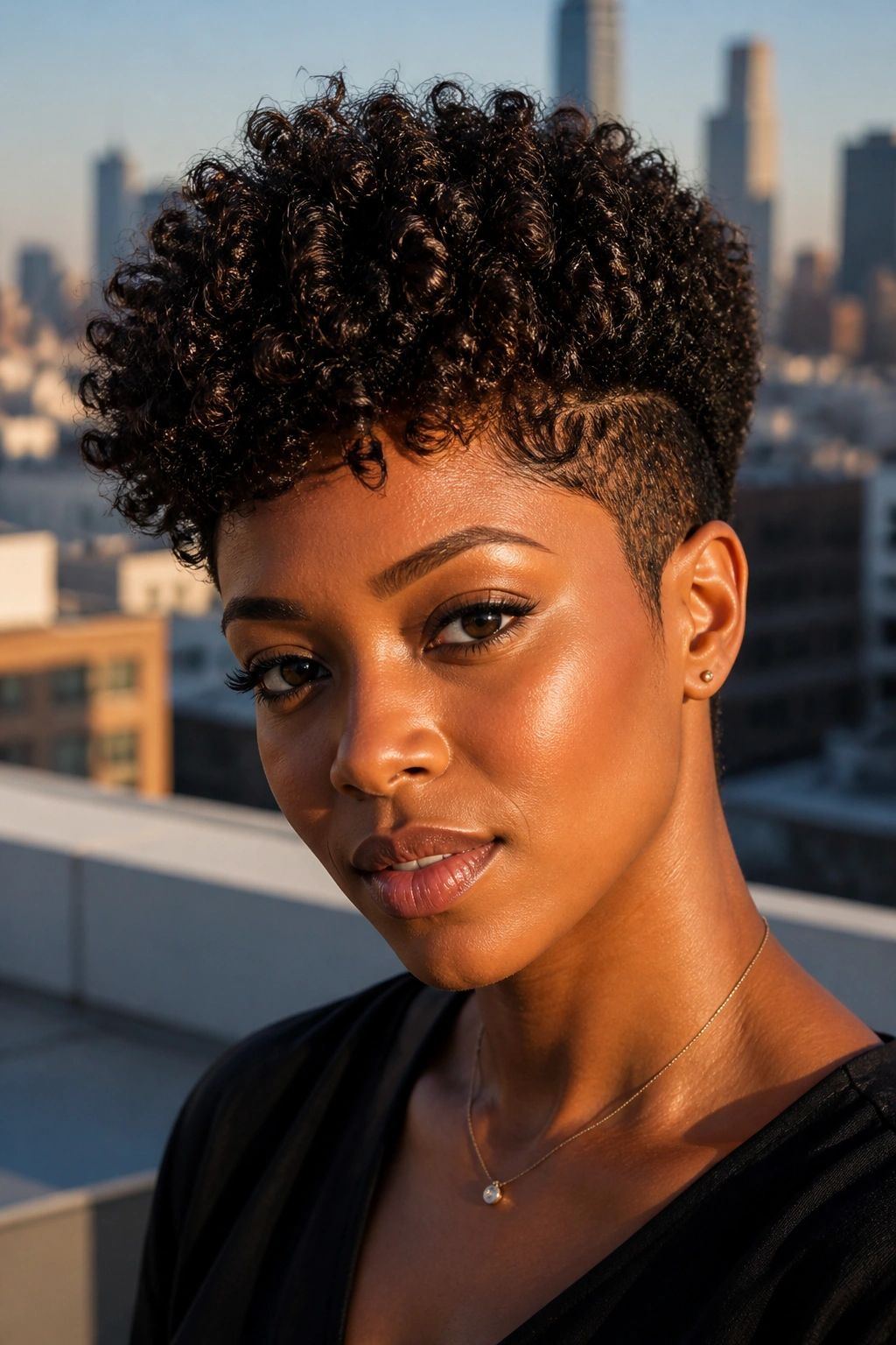 Real woman with high-volume curly pixie for coily hair showing dense crown volume.