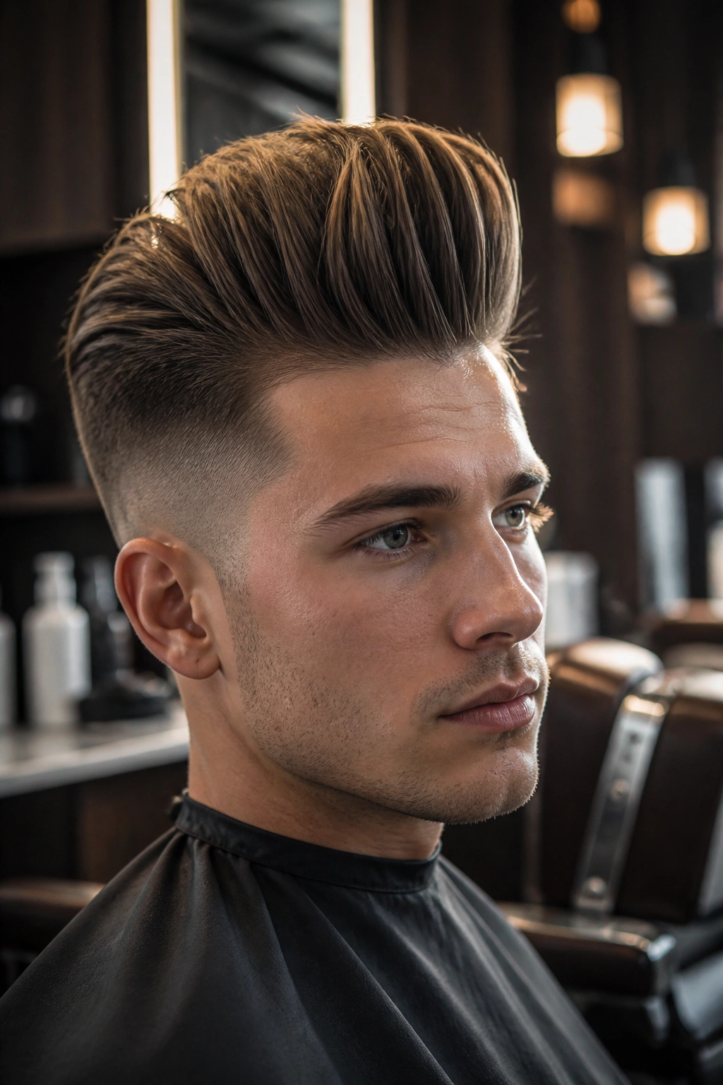 Close-up portrait of a man with a high-volume pompadour undercut