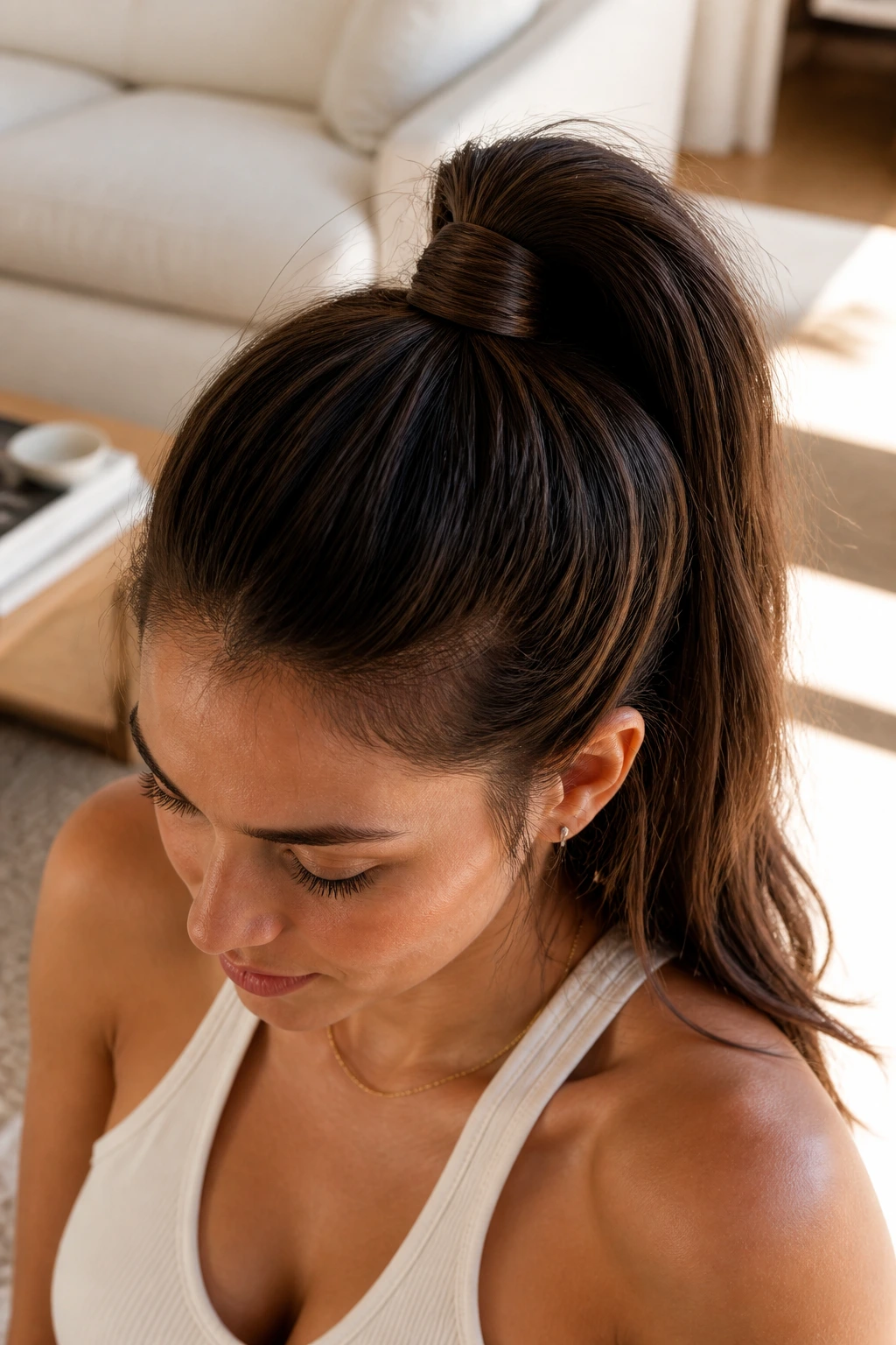 Close-up of a real woman with a high wrapped ponytail showing the wrapped elastic