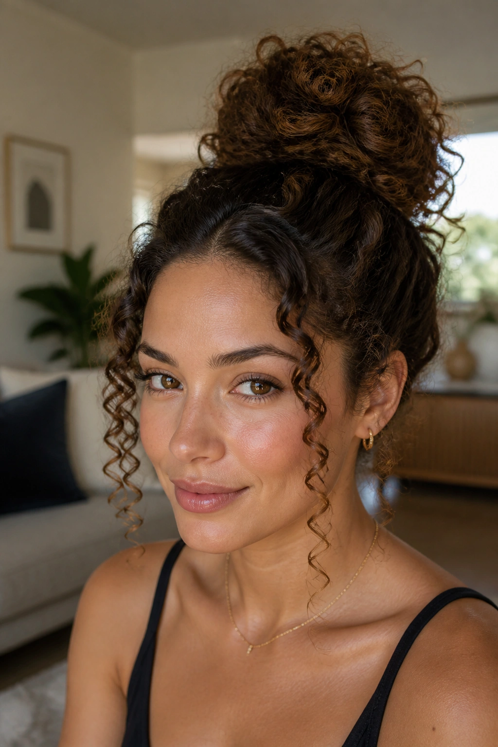 Close-up of a real woman with a high curly knot and face-framing curls