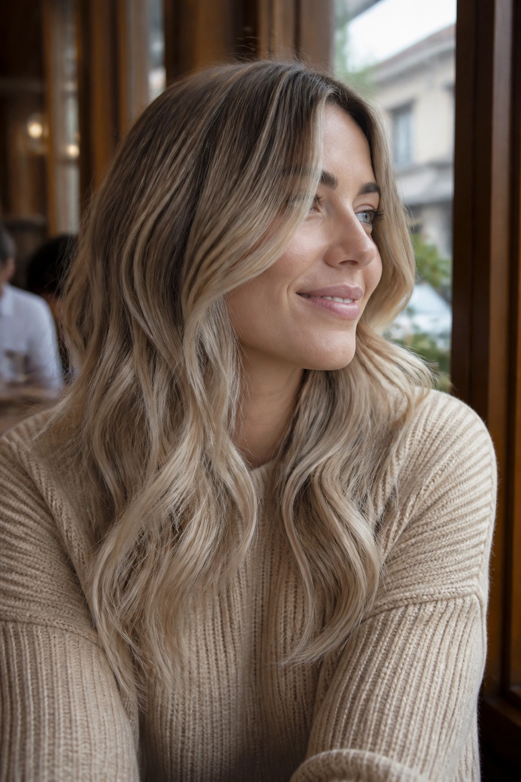Close-up of a real woman with smoky blonde hair against a warm cafe background