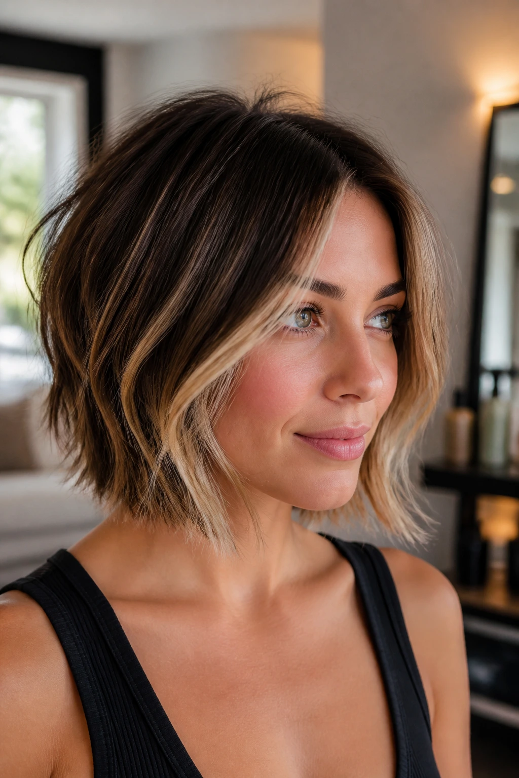 Close-up portrait of a real woman with highlighted face-framing choppy bob in salon lighting