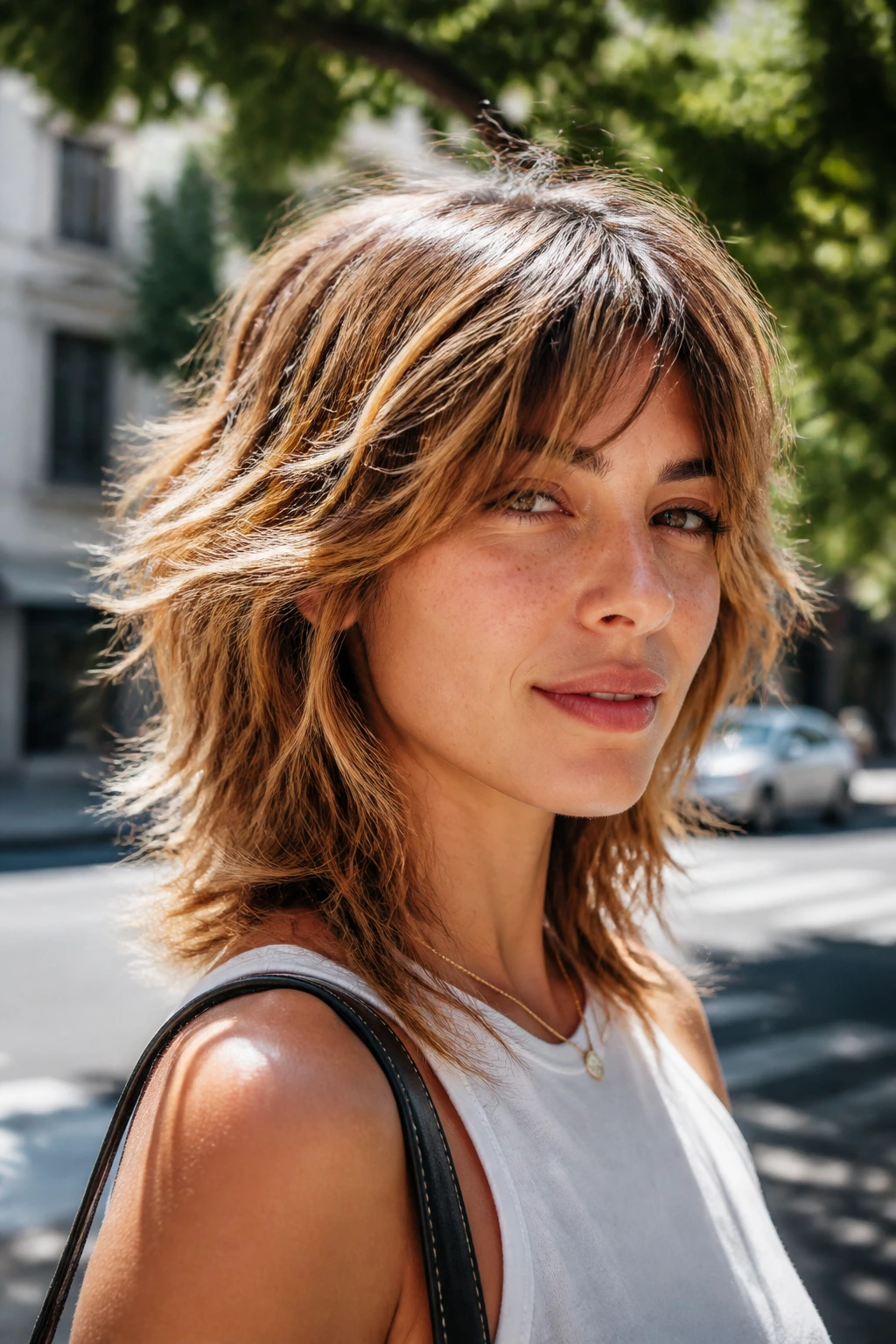 Portrait of a real person with sun-kissed highlights enhancing shag layers.