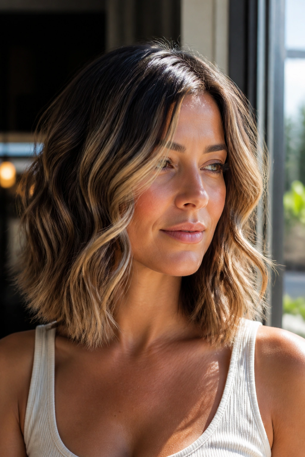Head with face-framing highlights on a shoulder-length wavy bob