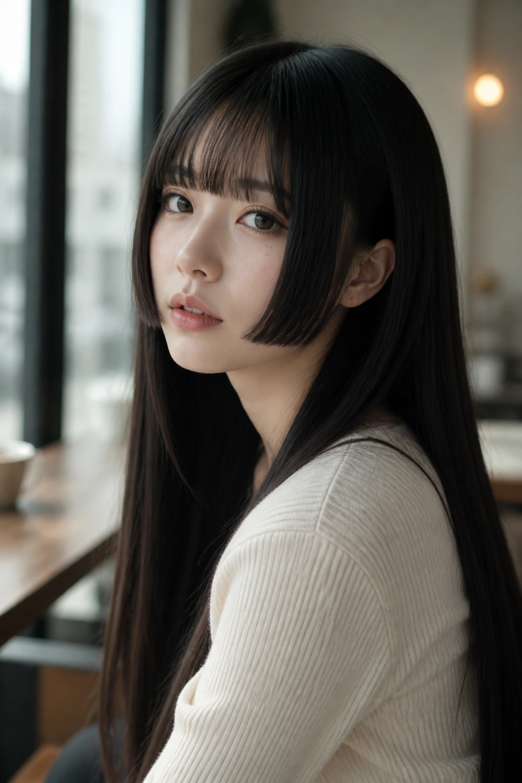 Close-up of a real woman with Hime bangs and long straight hair, bangs framing cheeks.