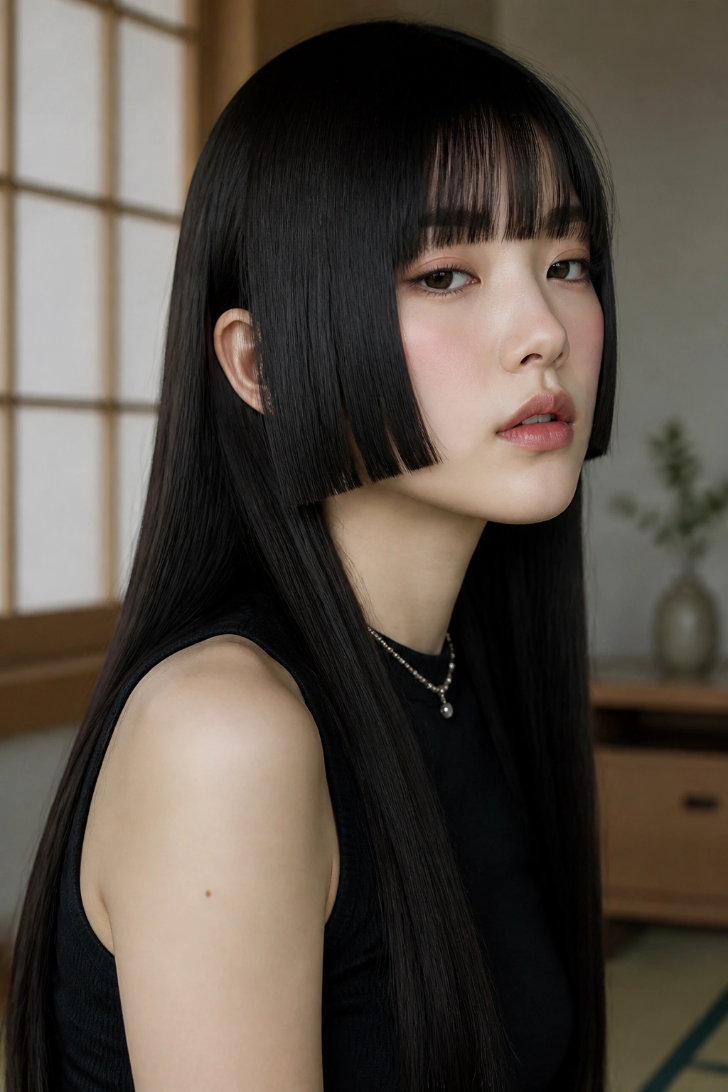 Close-up of real person with crisp Hime cut hairstyle