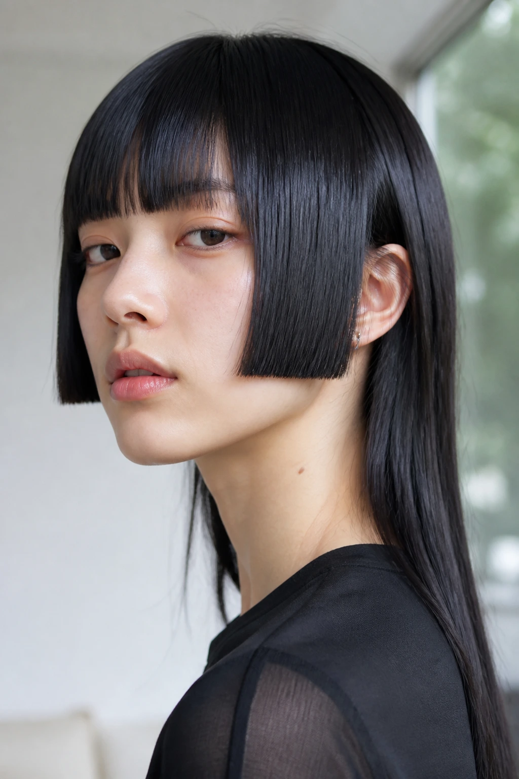 Close-up of a real person with crisp Hime Cut front panels and long back