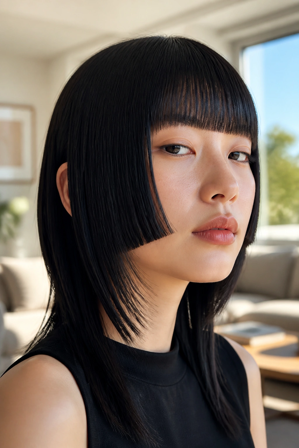 Close-up portrait of a real woman with a precise hime cut