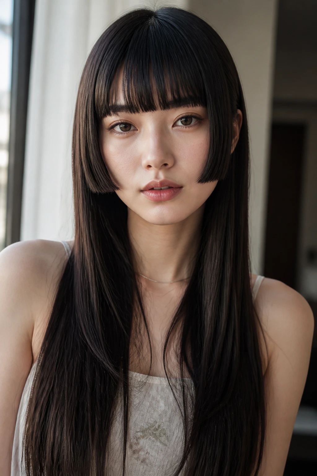 Close-up of a real woman with hime cut showing blunt fringe and long straight hair