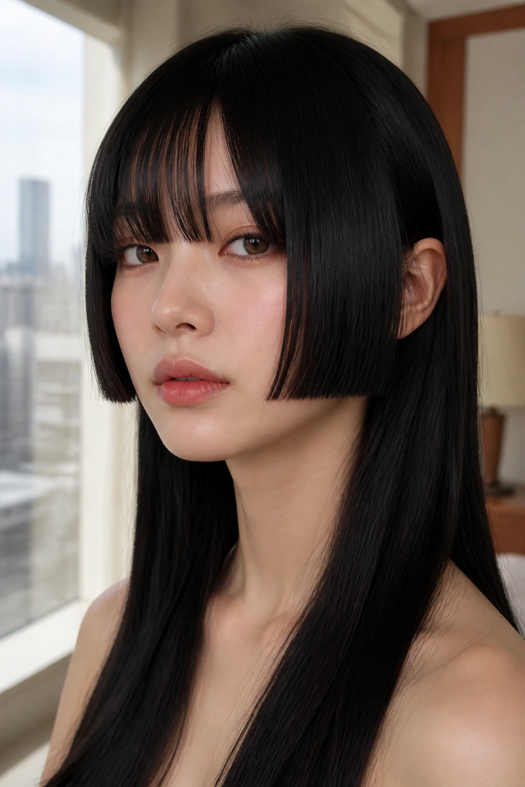 Close-up of a real woman with a Hime cut, short front pieces and long back length.
