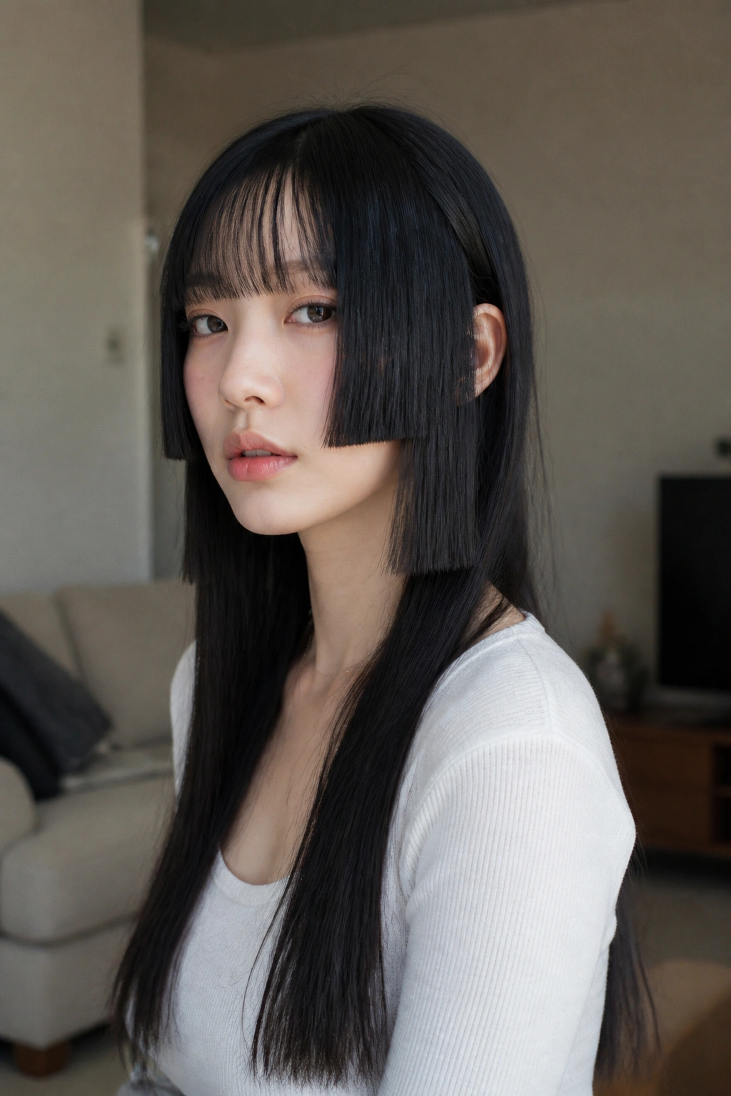 Real woman with hime cut featuring short side pieces and long straight ends.