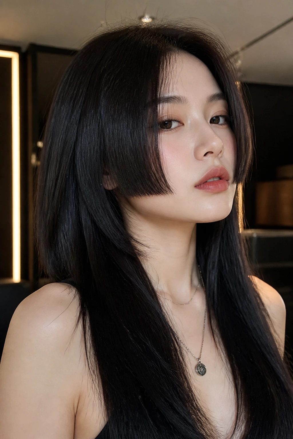 Close-up portrait of a real woman with bold Hime-inspired long layers framing the face