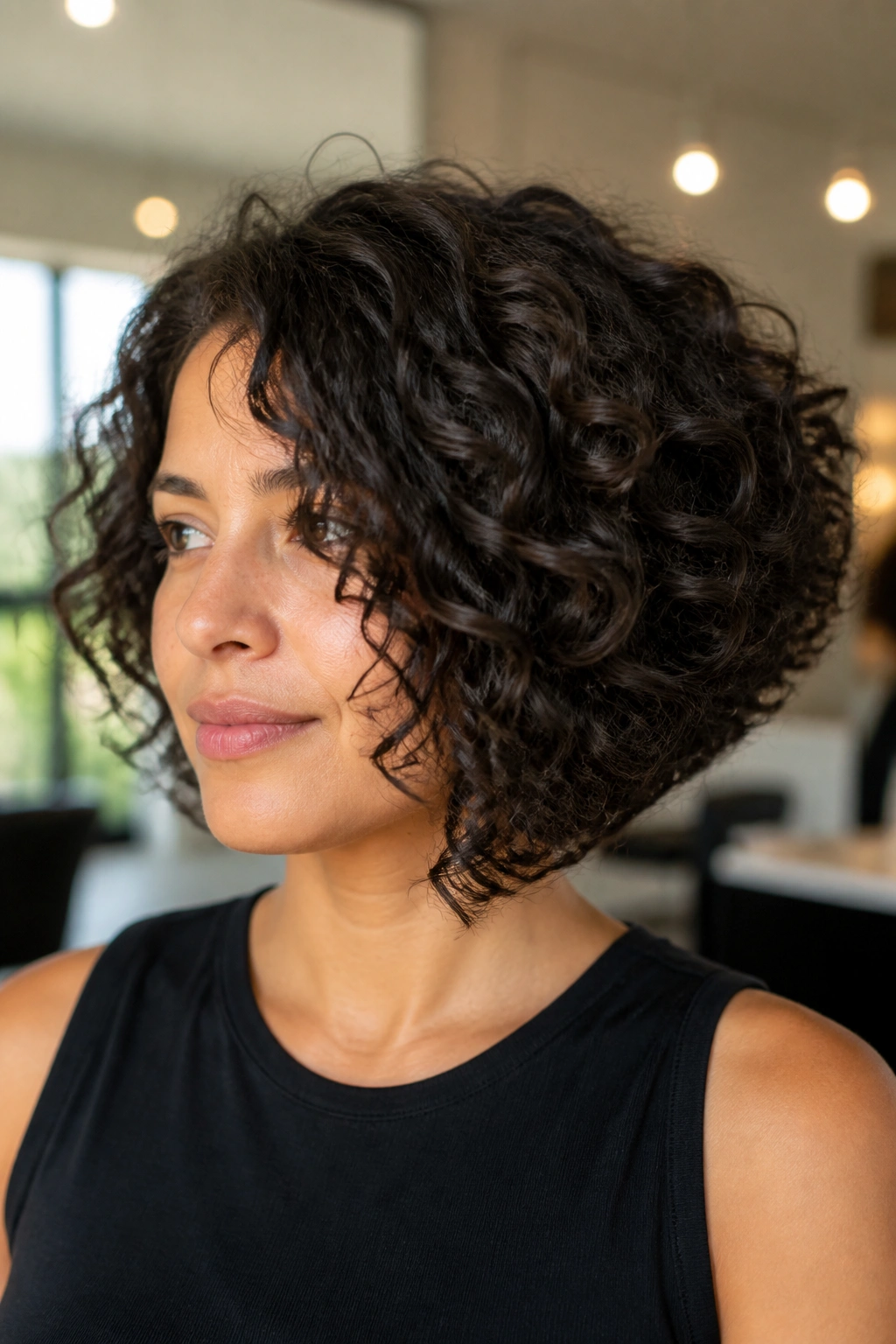 Close-up of a real woman with a hollowed bob for thick hair
