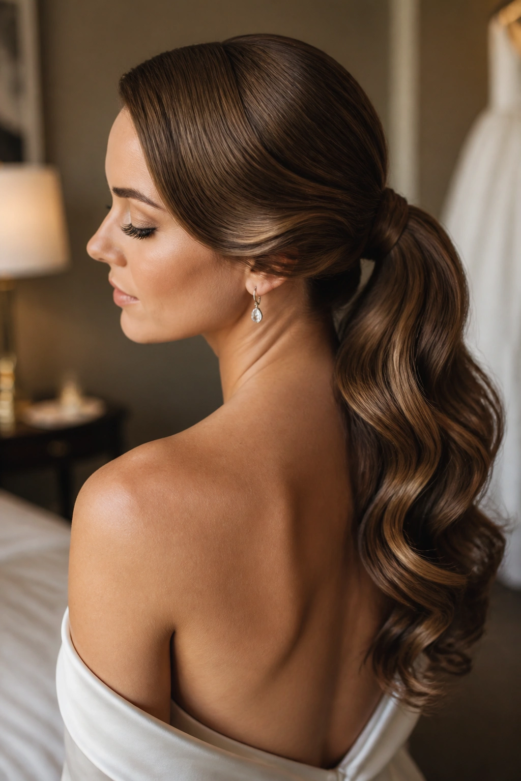 Close-up of a bride with Hollywood wave ponytail.