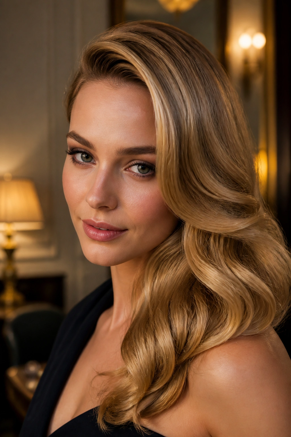 Close-up of a real woman with Hollywood waves sweeping diagonally across the forehead