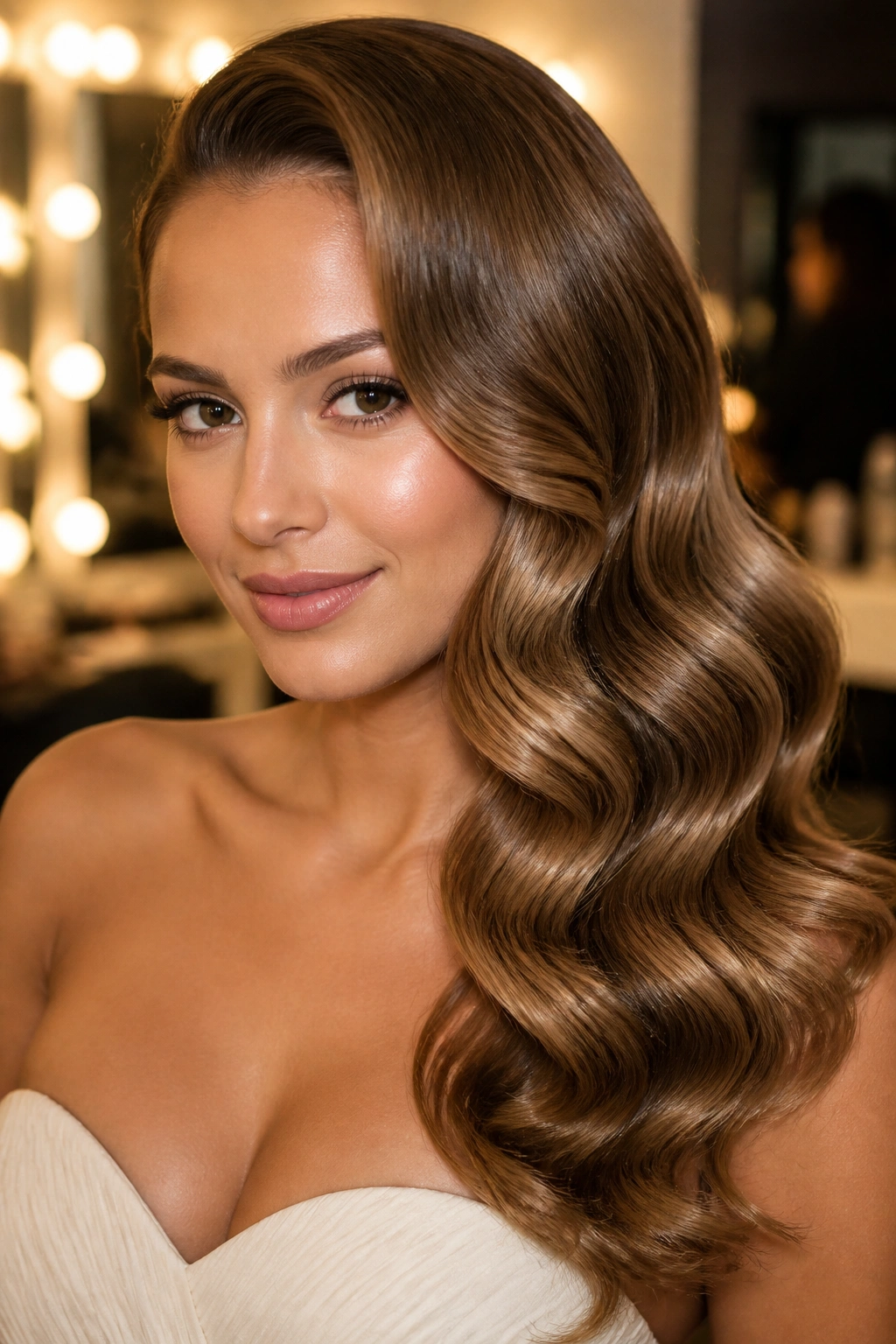 Close-up portrait of a real woman with Hollywood waves and a deep side part