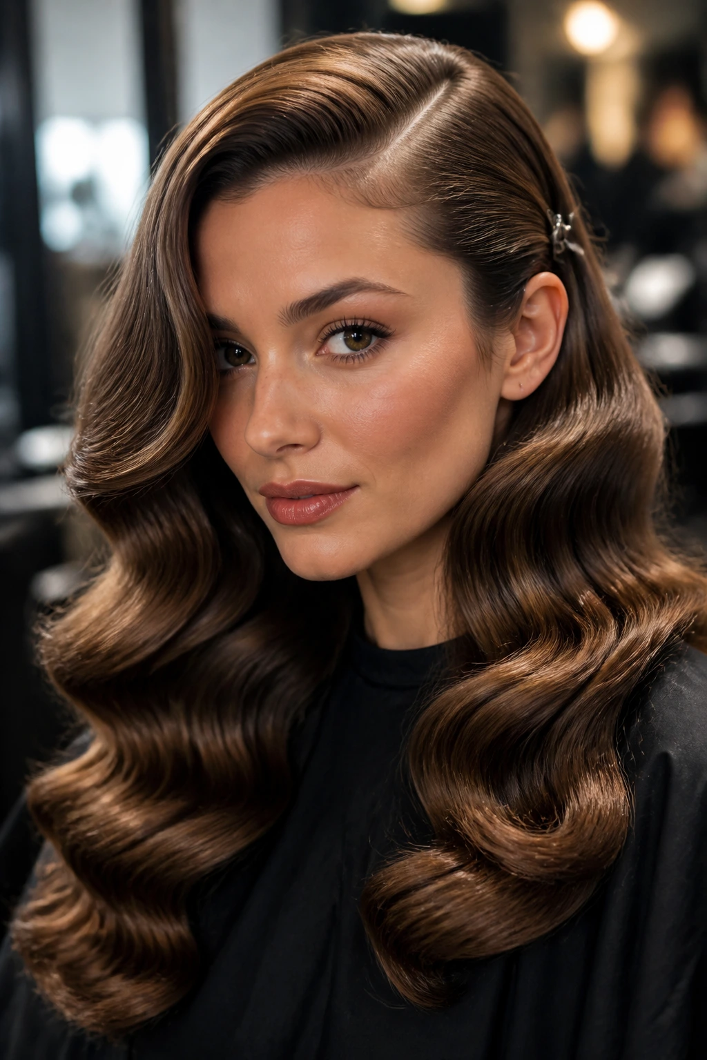 Woman with deep right-part Hollywood waves and glossy, dramatic sweep.