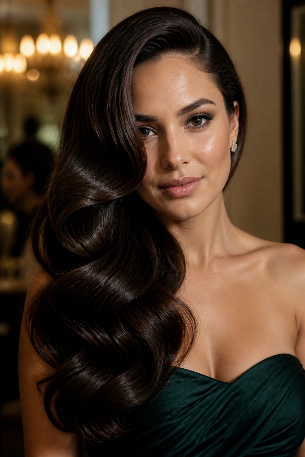 Close-up portrait of a real woman with deep side-swept Hollywood waves.