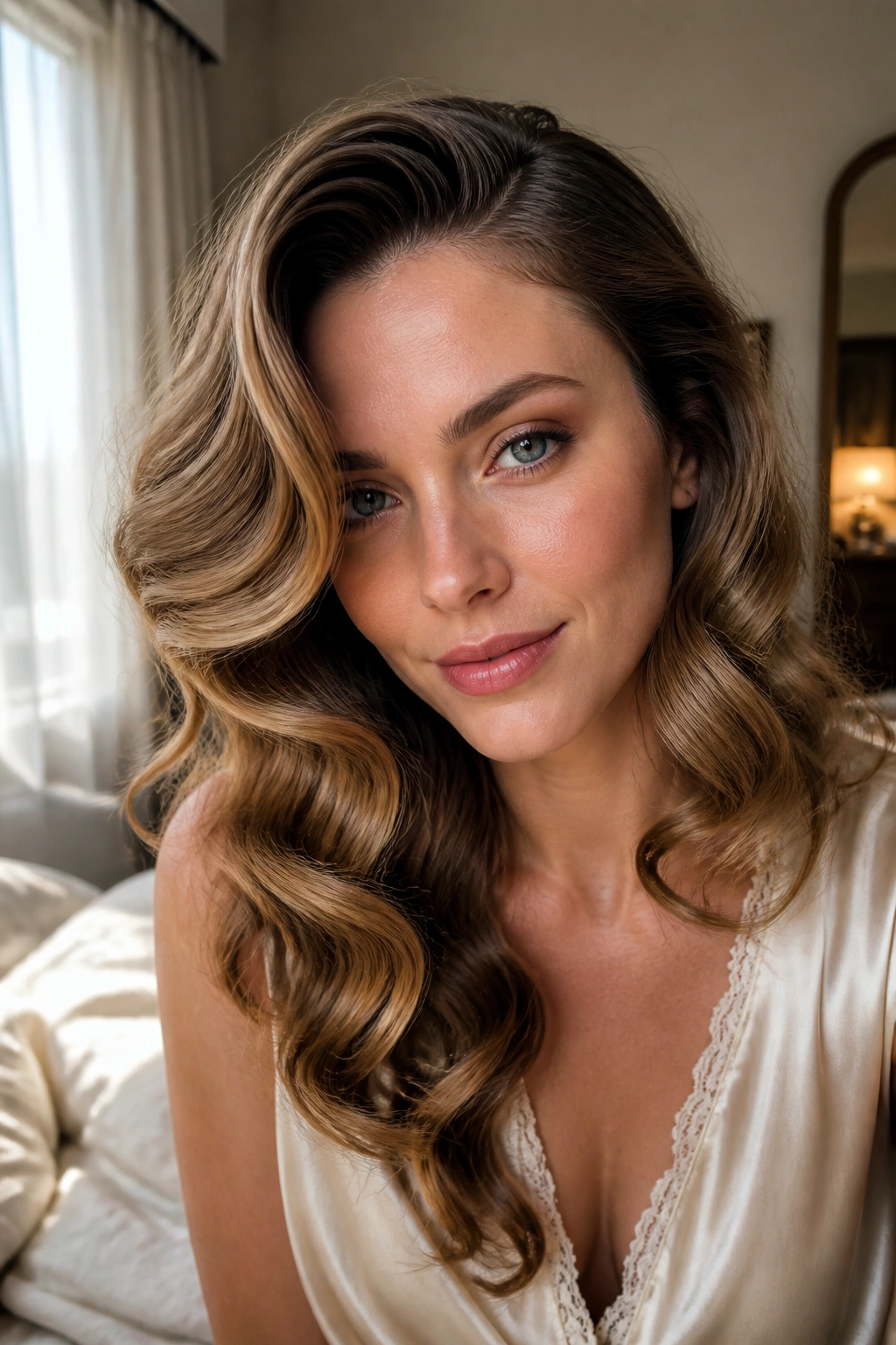 Real woman with deep side-part Hollywood waves close-up