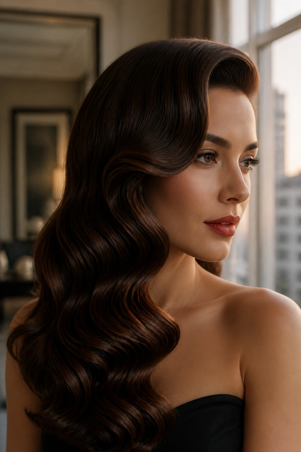 Close-up of Hollywood waves with a side sweep on a real person.