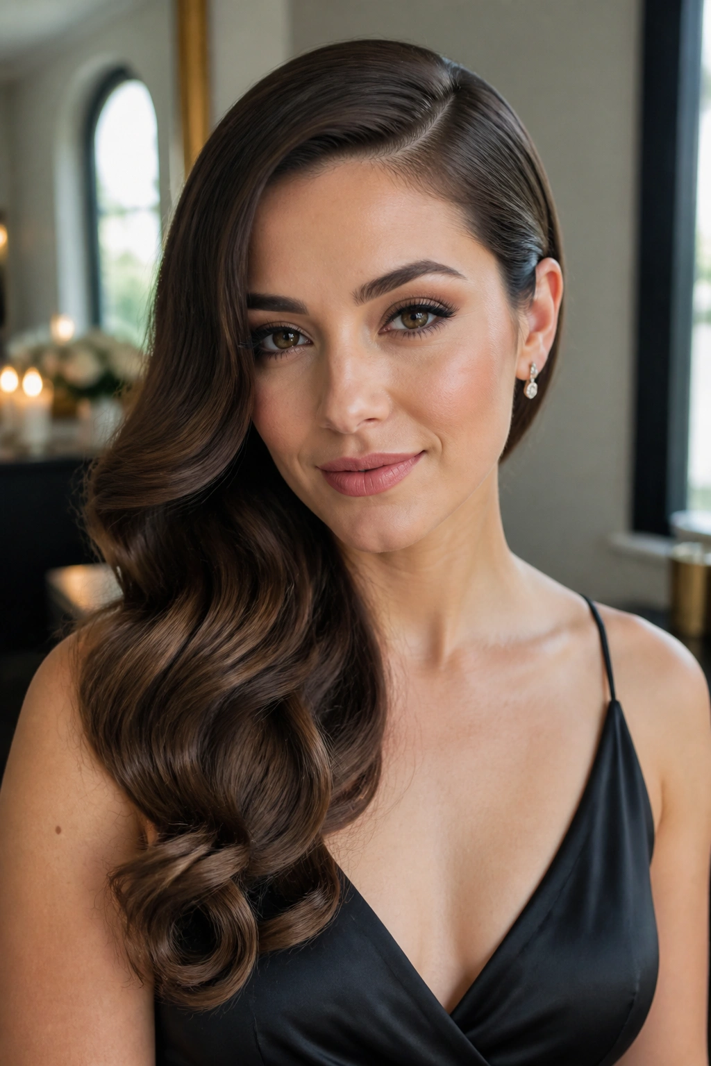 Close-up of side-swept Hollywood waves on a real woman
