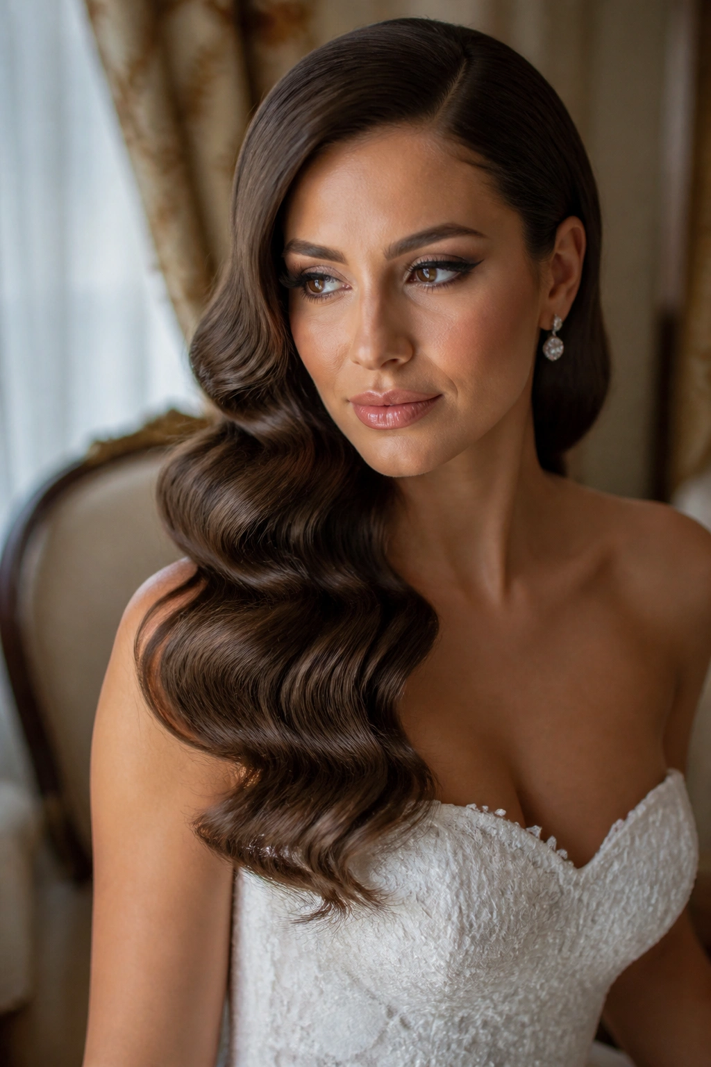 Close-up of Soft Hollywood Waves with a Deep Side Part on a real bride in a luxe dressing room